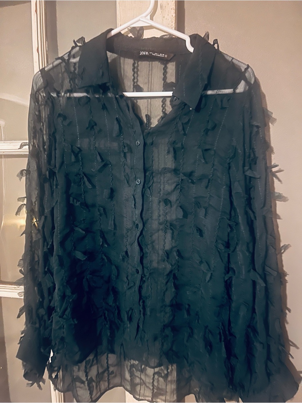 Zara Dark Green Sheer Ruffle-Texture Button-Down Blouse